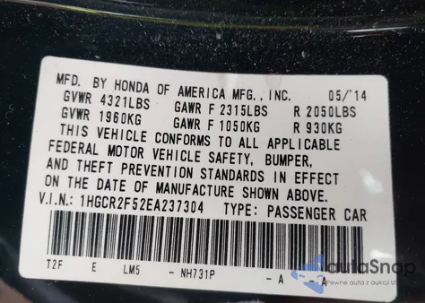 2014 Honda Accord Sport z USA, uszkodzony, nr VIN 1HGCR2F52EA237304